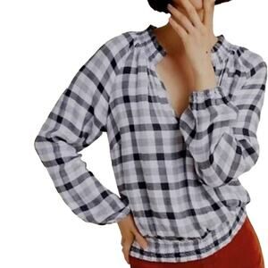 Anthropologie Cloth & Stone Sara Plaid Black White Gingham Plaid V-neck - Size L